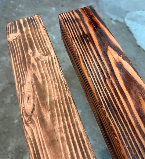 Side-by-side comparison of raw 4×4 and charred yakisugi finish